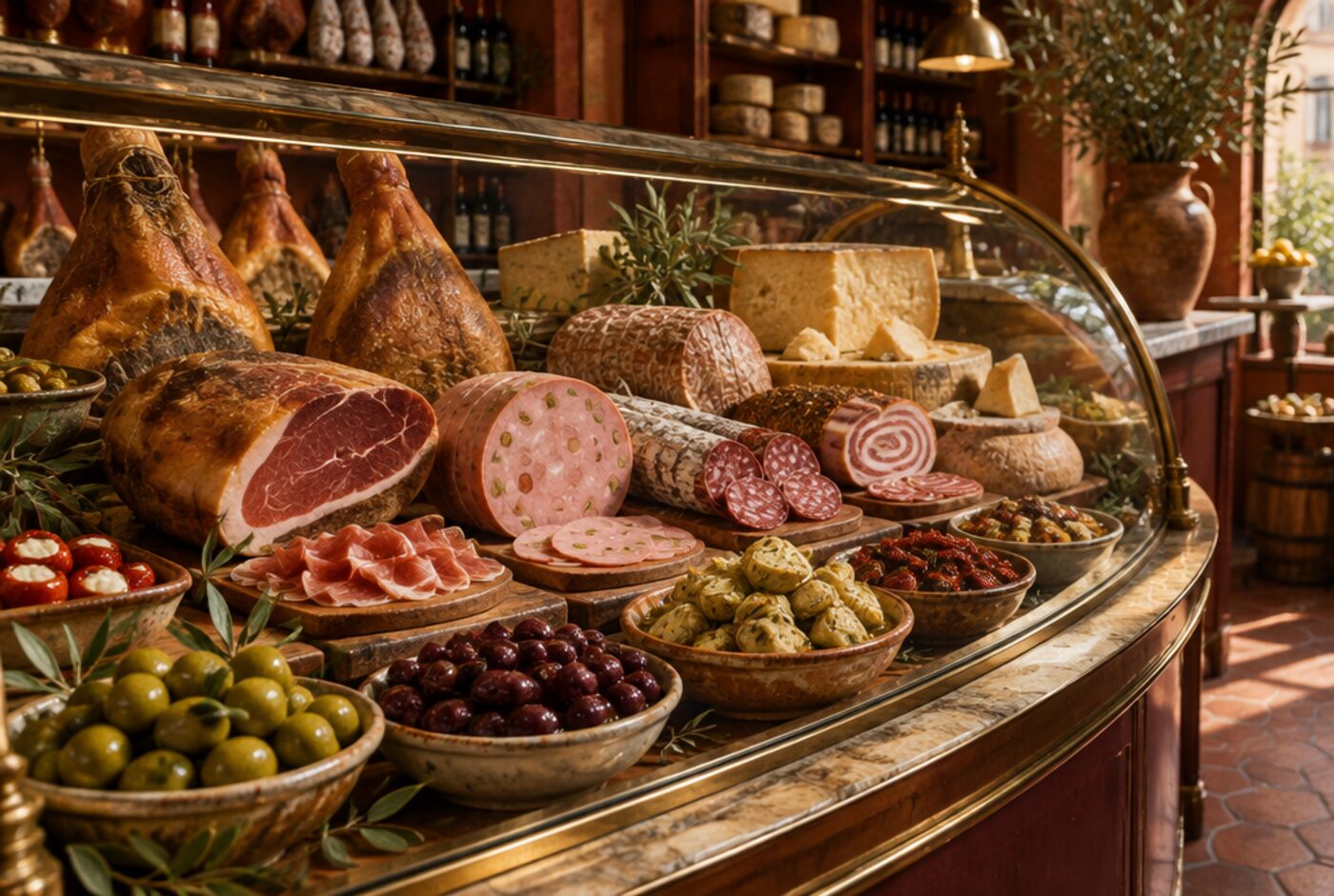 Deli counter with cured meats, cheeses and olives